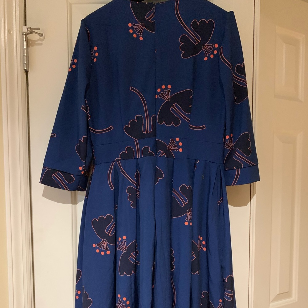 blue A-line dress with floral detail